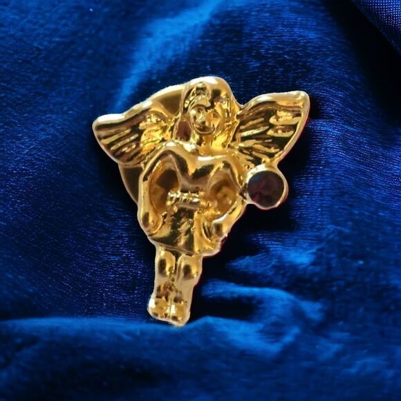 Guardian Angel Lapel Pin Brooch Tac Pin Jewelry Gold Tone Red Rhinestone Vintage - Picture 1 of 15